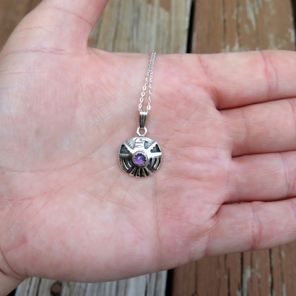 SOLD Vintage Navajo Thunderbird Amethyst Necklace - Picture 2 of 7